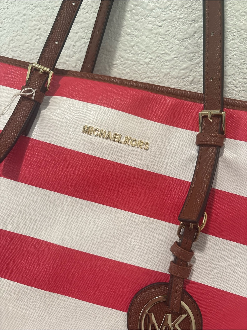 Michael Kors pink and White Striped Tote with Brown Leather Accents - Picture 5 of 12